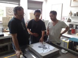 Wing working in the studio with Michael Kempson and Jason Phu
